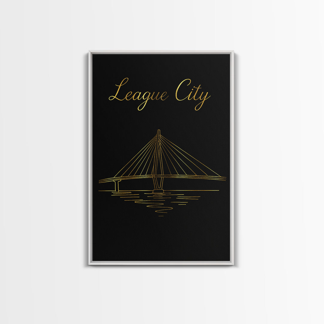 League City Travel Poster, Framed Canvas Print, Gold Outline Poster Art, League City Poster Print, City Art Print, Gift For Travelers