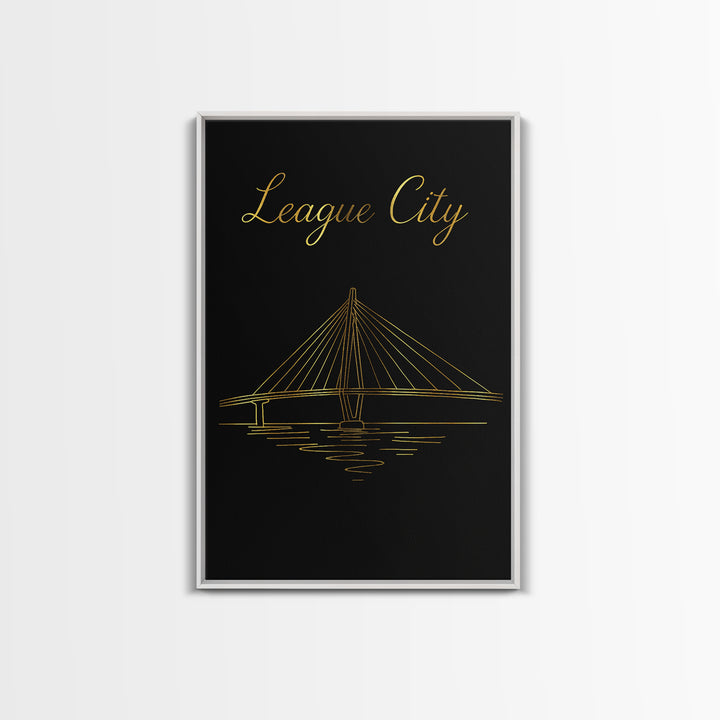 League City Travel Poster, Framed Canvas Print, Gold Outline Poster Art, League City Poster Print, City Art Print, Gift For Travelers