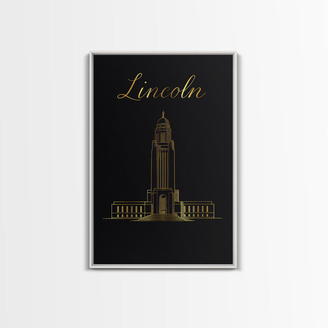 Lincoln Nebraska Travel Poster, Canvas Print, Black Gold Minimalist Art, Lincoln City Art, Gift For Travelers, Office Decor