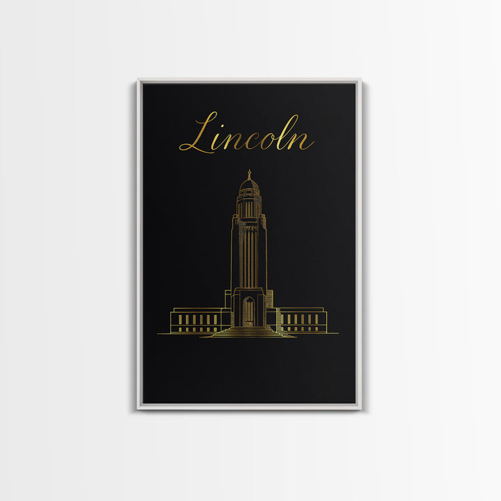 Lincoln Nebraska Travel Poster, Canvas Print, Black Gold Minimalist Art, Lincoln City Art, Gift For Travelers, Office Decor