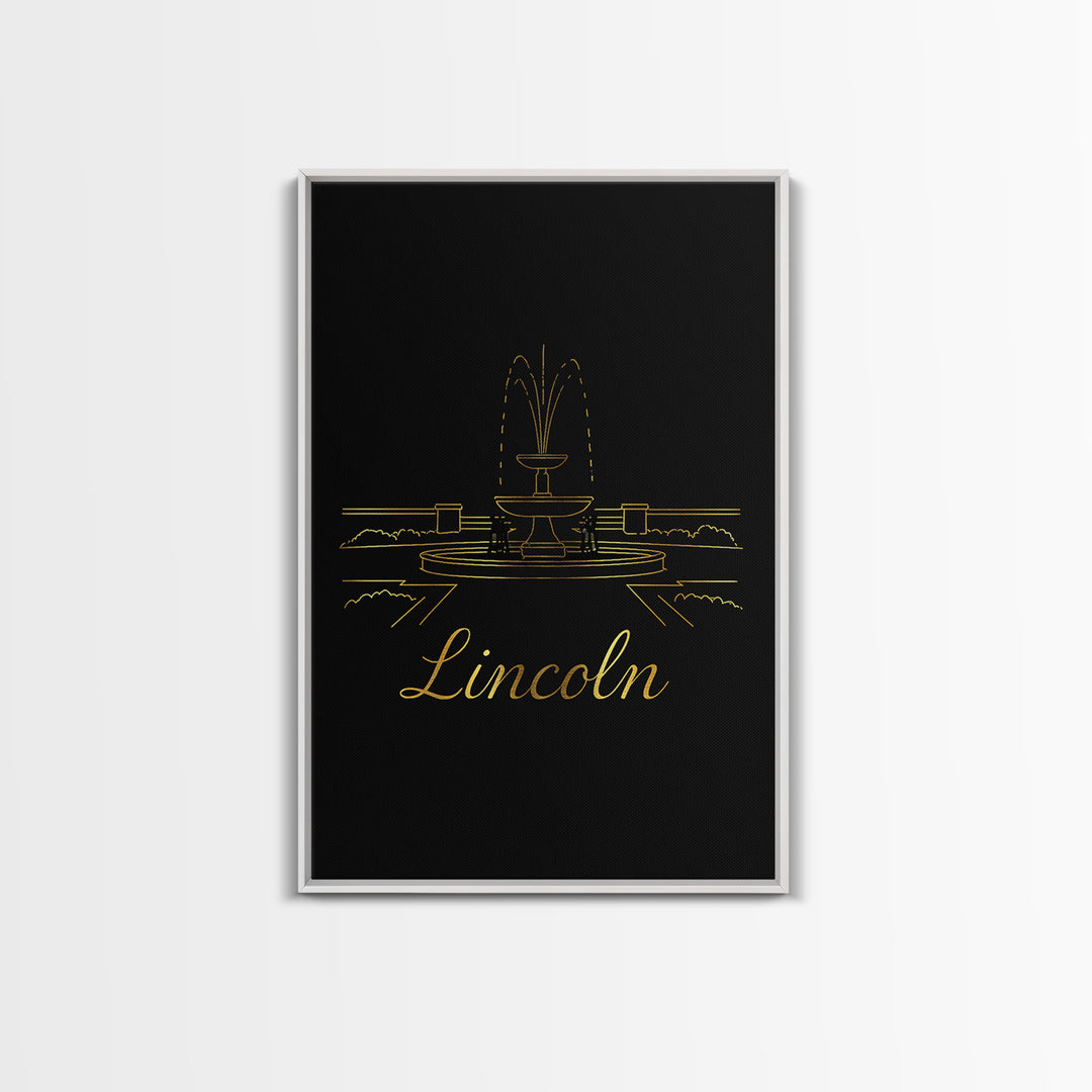Lincoln Travel Poster, Framed Canvas Print, Minimalist Gold Line Art, Lincoln Travel Art, Watercolor Skyline Art, City Illustration