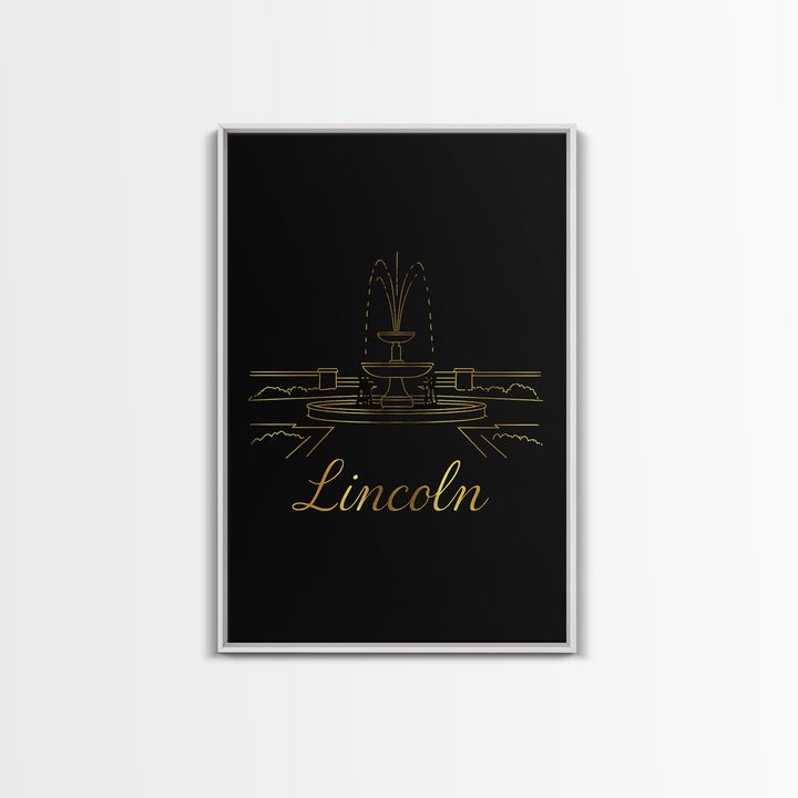 Lincoln Travel Poster, Framed Canvas Print, Minimalist Gold Line Art, Lincoln Travel Art, Watercolor Skyline Art, City Illustration