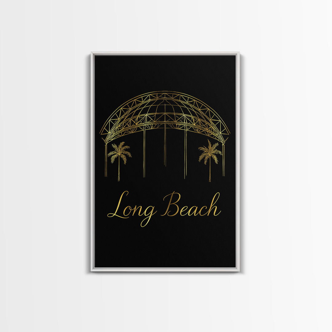 Long Beach Travel Poster, Framed Canvas Print, Black Gold Minimalist Art, Long Beach Travel Art, Eclectic Wall Decor, City Illustration
