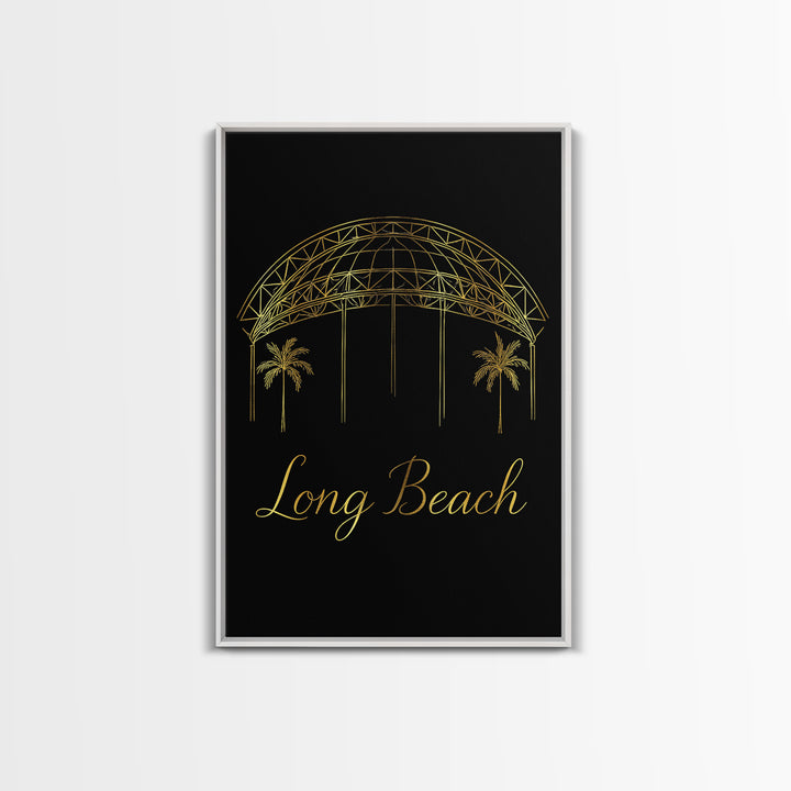 Long Beach Travel Poster, Framed Canvas Print, Black Gold Minimalist Art, Long Beach Travel Art, Eclectic Wall Decor, City Illustration