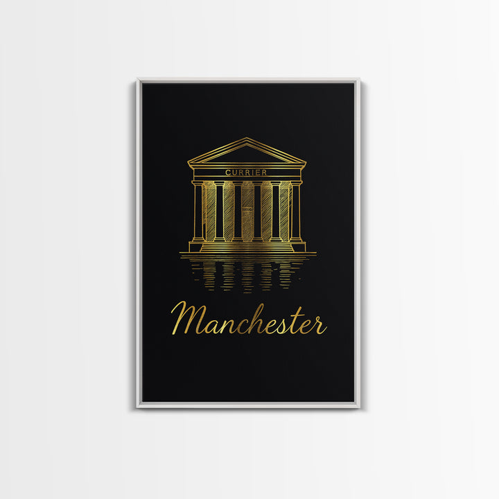 Manchester Travel Poster, Framed Canvas Print, Gold Outline Poster Art, Manchester Poster Print, Vintage City Art, Mid Century Wall Art