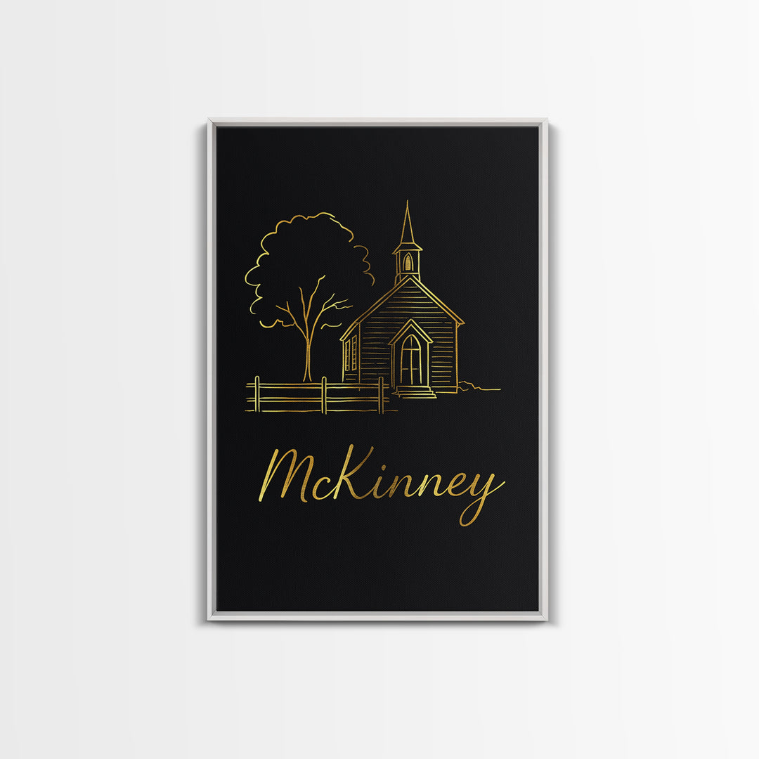Mckinney Travel Poster, Framed Canvas Print, Minimalist Gold Line Art, Mckinney Poster Print, City Art Print, Travel Wall Decor
