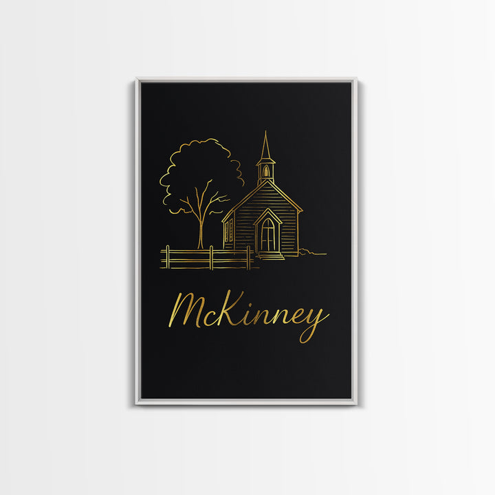 Mckinney Travel Poster, Framed Canvas Print, Minimalist Gold Line Art, Mckinney Poster Print, City Art Print, Travel Wall Decor