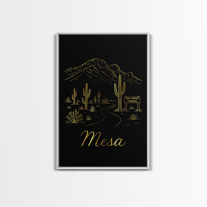 Mesa Arizona Travel Poster, Canvas Print, Gold Outline Poster Art, Mesa Poster Print, Wanderlust Decor, City Art Print, Retro Travel Print