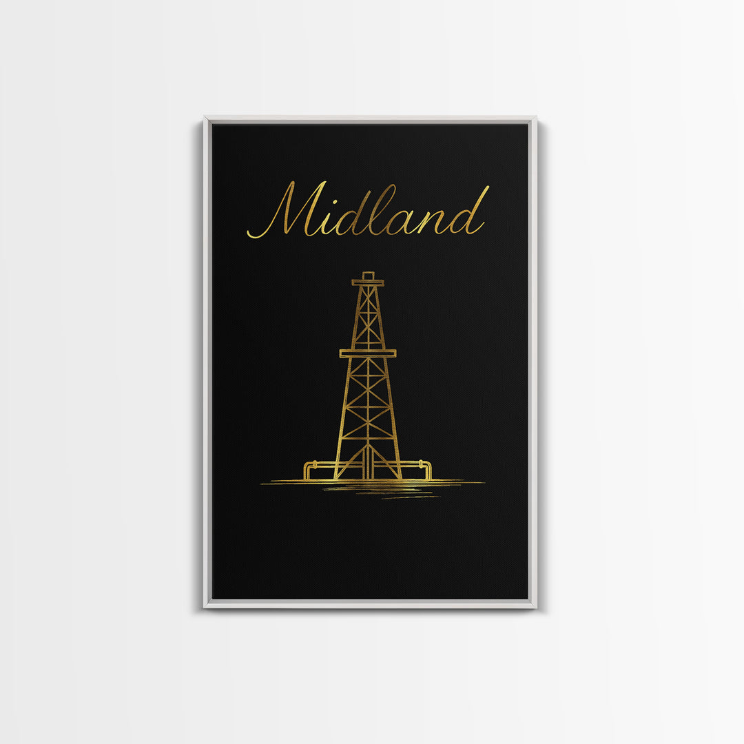 Midland Travel Poster, Framed Canvas Print, Minimalist Gold Line Art, Midland Art Print, Vintage Travel Print, Vintage Travel Art