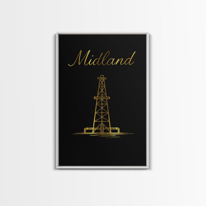 Midland Travel Poster, Framed Canvas Print, Minimalist Gold Line Art, Midland Art Print, Vintage Travel Print, Vintage Travel Art