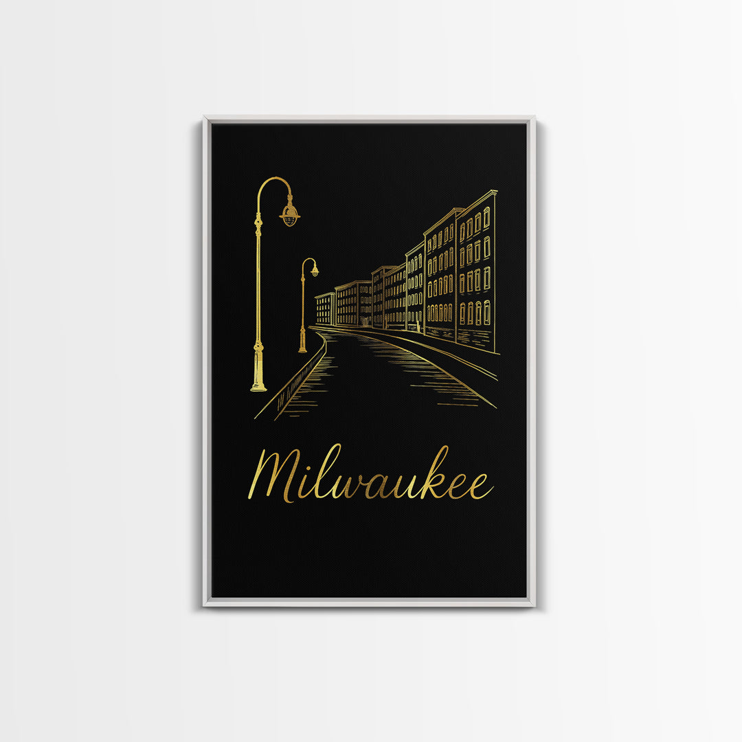 Milwaukee Travel Poster, Framed Canvas Print, Gold Outline Poster Art, Milwaukee Wall Art, Travel Poster Set, Eclectic Wall Decor