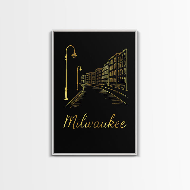 Milwaukee Travel Poster, Framed Canvas Print, Gold Outline Poster Art, Milwaukee Wall Art, Travel Poster Set, Eclectic Wall Decor