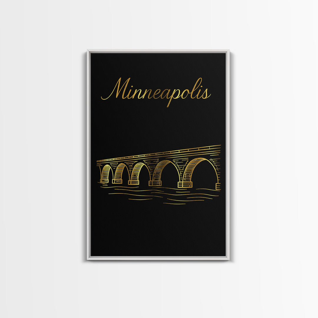 Minneapolis Travel Poster, Framed Canvas Print, Black Gold Minimalist Art, Minneapolis Travel Art, Gift For Travelers, Home Office Decor