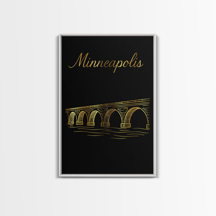 Minneapolis Travel Poster, Framed Canvas Print, Black Gold Minimalist Art, Minneapolis Travel Art, Gift For Travelers, Home Office Decor
