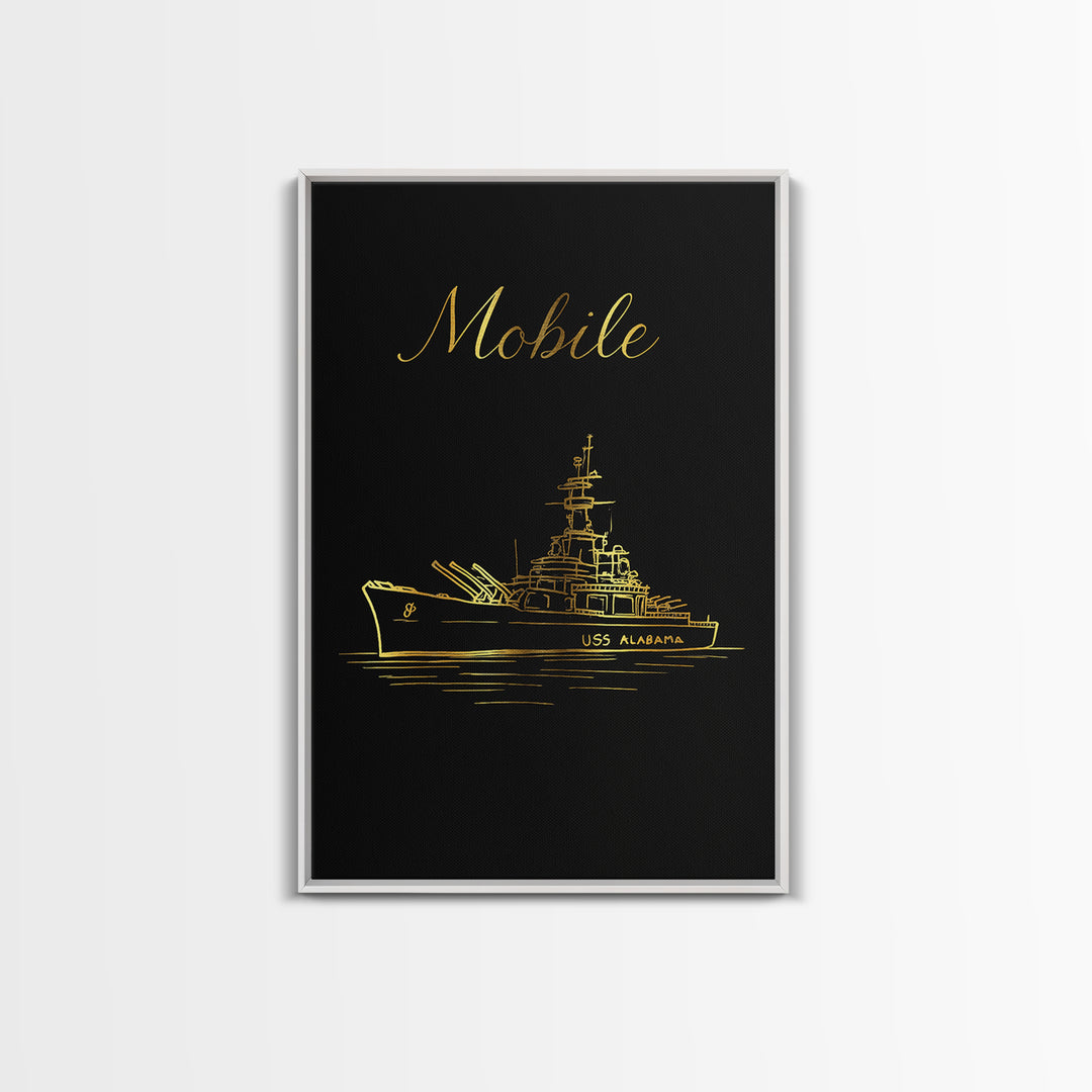 Mobile Alabama Travel Poster, Framed Canvas Print, Minimalist Gold Line Art, Mobile Poster Print, Vintage City Art, Living Room Wall Art
