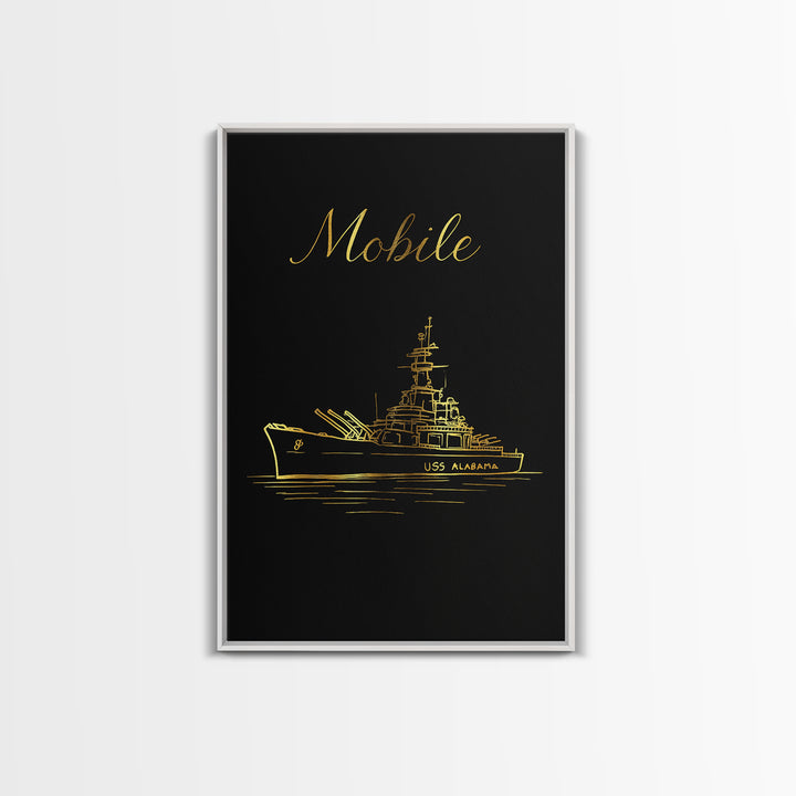 Mobile Alabama Travel Poster, Framed Canvas Print, Minimalist Gold Line Art, Mobile Poster Print, Vintage City Art, Living Room Wall Art