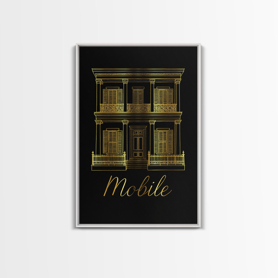Mobile Travel Poster, Framed Canvas Print, Minimalist Gold Line Art, Mobile Wall Art, Living Room Wall Art, Vintage City Poster