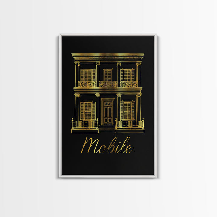 Mobile Travel Poster, Framed Canvas Print, Minimalist Gold Line Art, Mobile Wall Art, Living Room Wall Art, Vintage City Poster