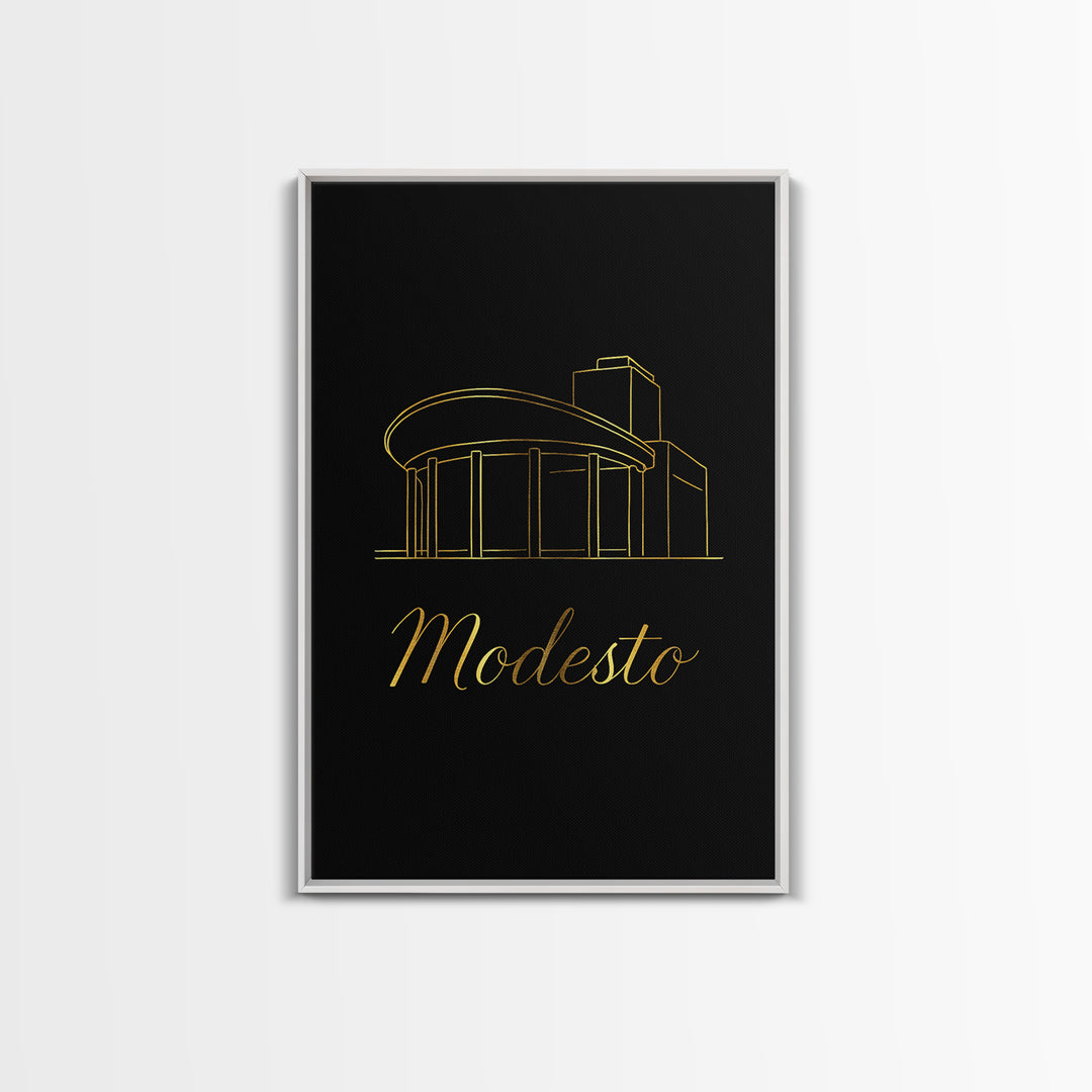 Modesto California Travel Poster, Framed Canvas Print, Minimalist Gold Line Art, Modesto Poster Print, Travel Poster Art, Gift For Travelers