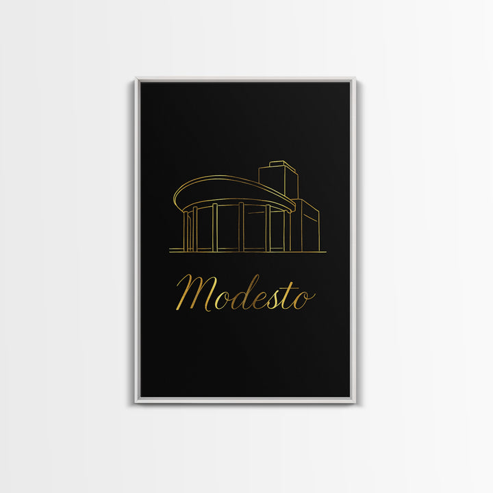 Modesto California Travel Poster, Framed Canvas Print, Minimalist Gold Line Art, Modesto Poster Print, Travel Poster Art, Gift For Travelers