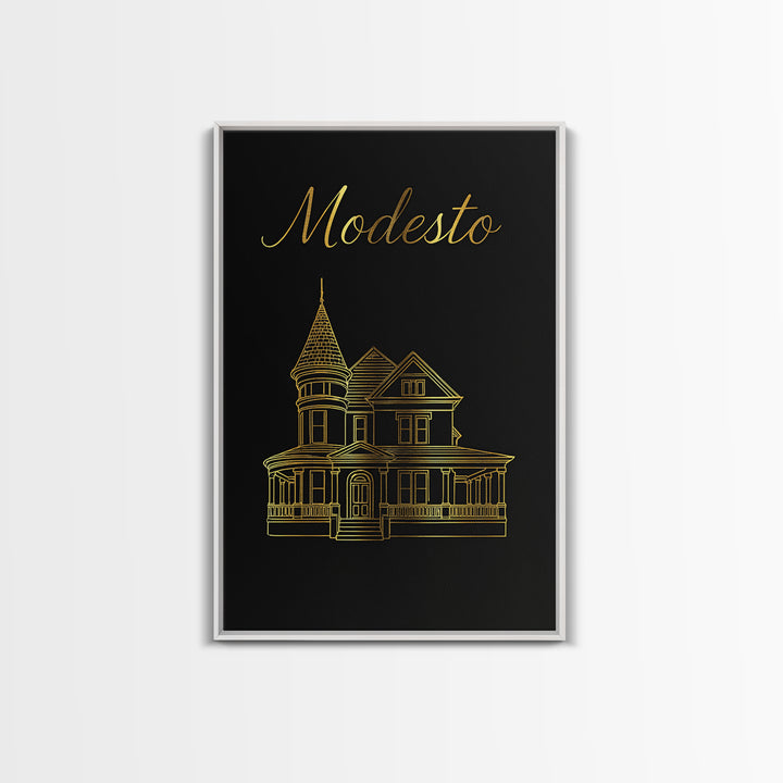 Modesto Travel Poster, Canvas Print, Black Gold Minimalist Art, Modesto Art Print, Travel Poster Art, City Art Print, Vintage City Art