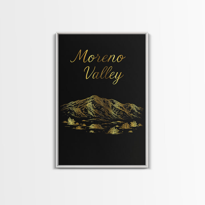 Moreno Valley Travel Poster, Framed Canvas Print, Gold Outline Poster Art, Moreno Valley Travel Art, Modern Wall Decor, City Illustration