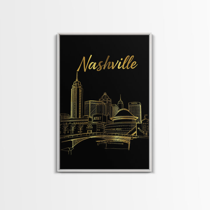 Nashville Tennessee Travel Poster, Canvas Print, Gold Outline Poster Art, Nashville Travel Art, City Art, Watercolor Downtown Skyline