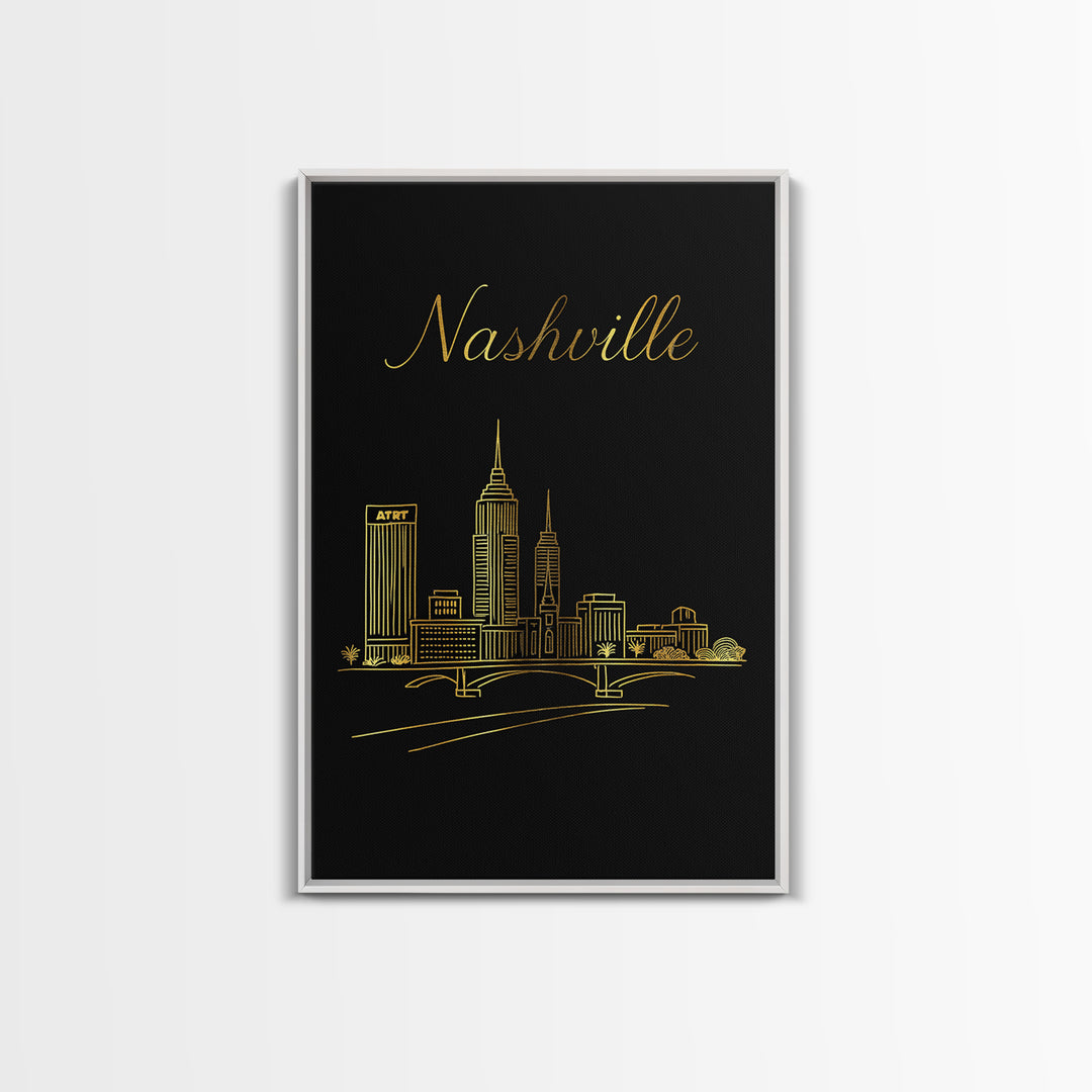 Nashville Travel Poster, Framed Canvas Print, Minimalist Gold Line Art, Nashville Travel Art, Travel Poster Art, Gift For Travelers