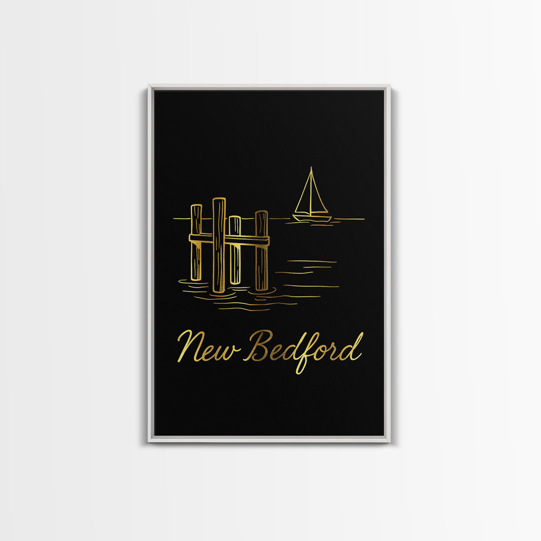 New Bedford Travel Poster, Canvas Print, Gold Outline Poster Art, New Bedford Travel Art, Travel Wall Decor, Home Office Decor