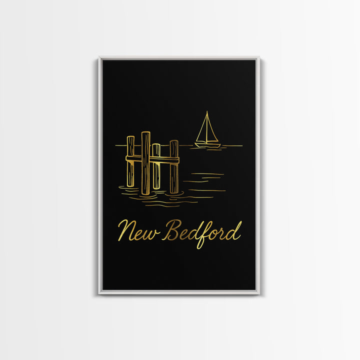 New Bedford Travel Poster, Canvas Print, Gold Outline Poster Art, New Bedford Travel Art, Travel Wall Decor, Home Office Decor