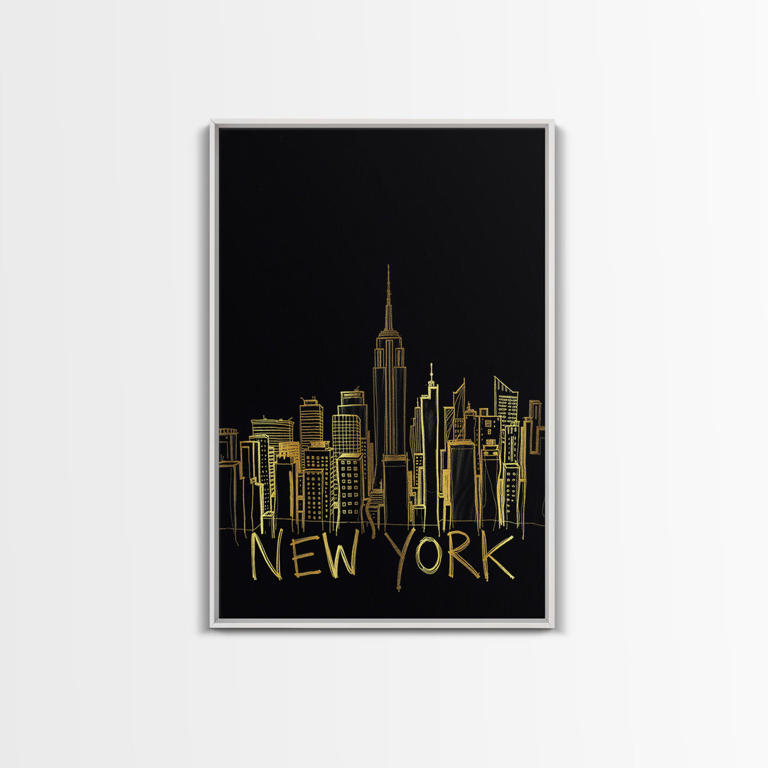 New York Travel Poster, Framed Canvas Print, Black Gold Minimalist Art, New York City Art, Wanderlust Decor, Mid Century Wall Art