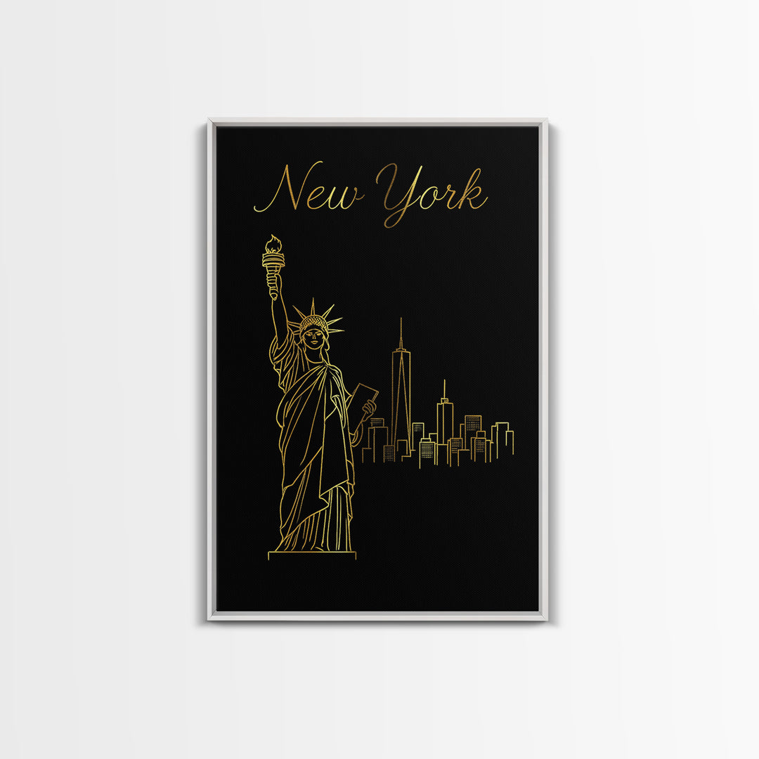 New York Travel Poster, Framed Canvas Print, Minimalist Gold Line Art, New York Art Print, Home Office Decor, Mid Century Wall Art