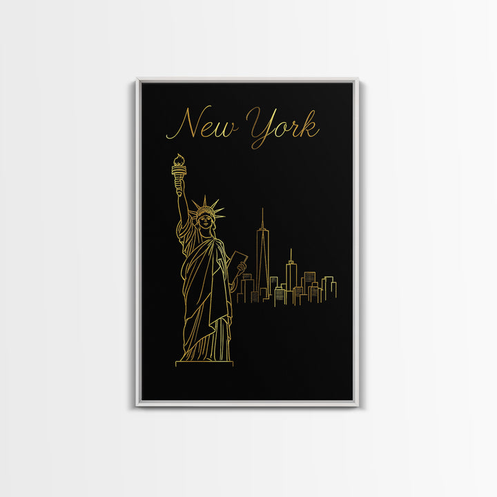 New York Travel Poster, Framed Canvas Print, Minimalist Gold Line Art, New York Art Print, Home Office Decor, Mid Century Wall Art