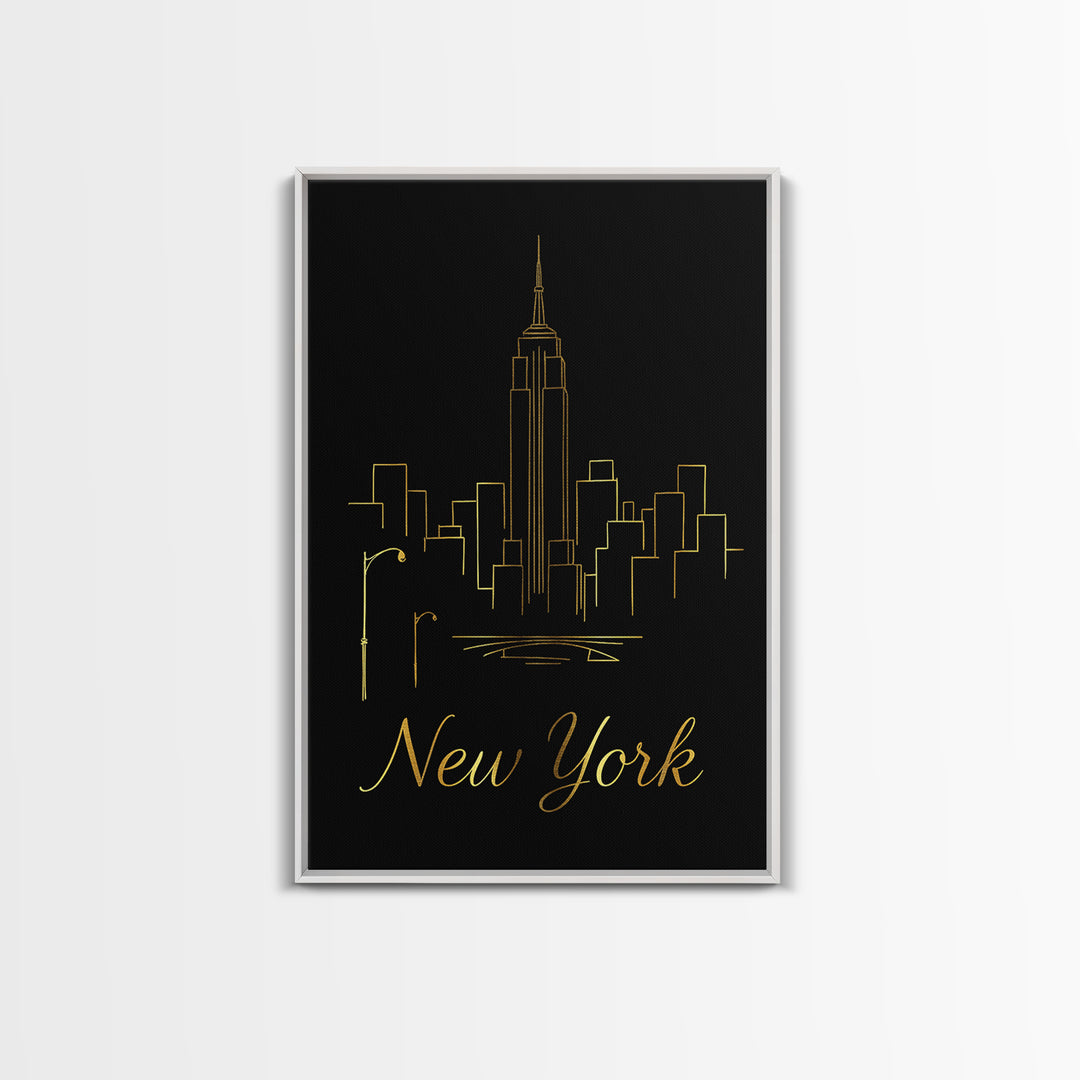 New York Travel Poster, Framed Canvas Print, Black Gold Minimalist Art, New York Wall Art, Eclectic Wall Decor, Mid Century Wall Art
