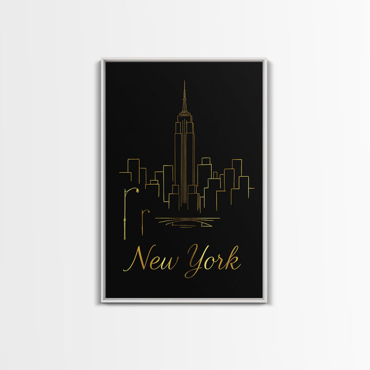 New York Travel Poster, Framed Canvas Print, Black Gold Minimalist Art, New York Wall Art, Eclectic Wall Decor, Mid Century Wall Art