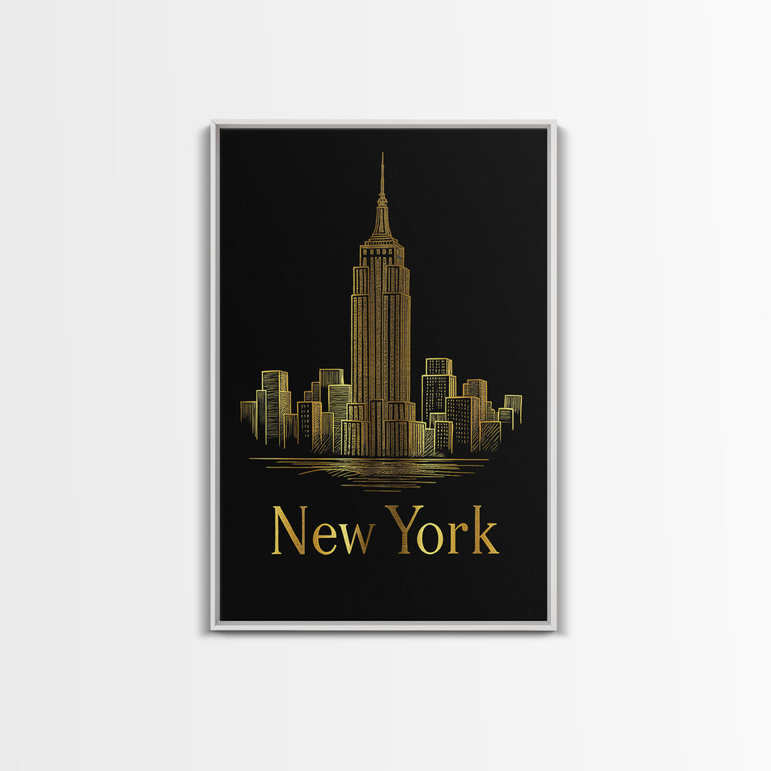 New York Travel Poster, Canvas Print, Gold Outline Poster Art, New York Art Print, Vintage City Poster, Vintage Travel Art, Retro Poster