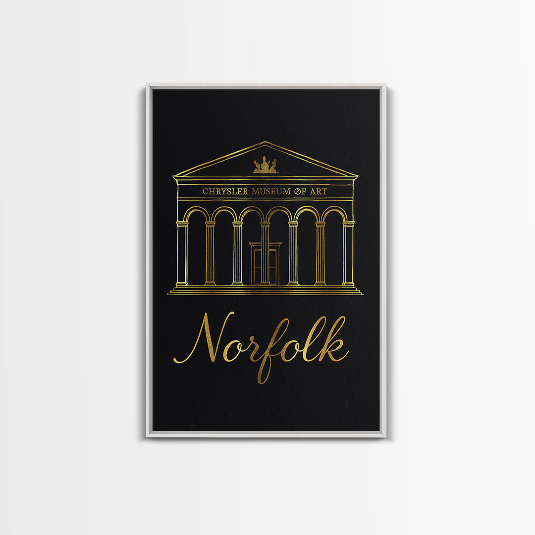 Norfolk Travel Poster, Framed Canvas Print, Gold Outline Poster Art, Norfolk City Art, Gift For Travelers, Travel Wall Art, Fine Art Print