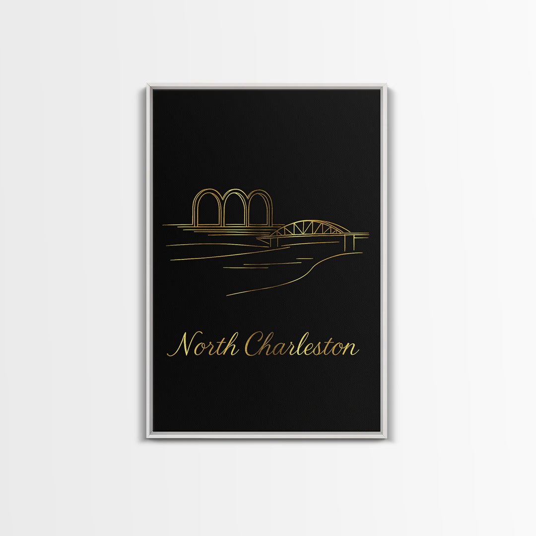 North Charleston Travel Poster, Canvas Print, Black Gold Minimalist Art, North Charleston City Art, Modern Wall Decor, City Art Print
