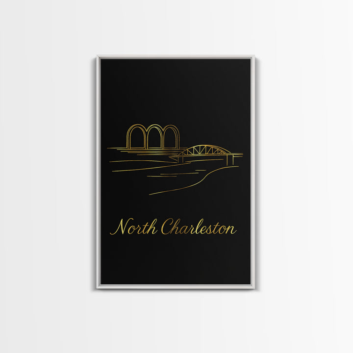 North Charleston Travel Poster, Canvas Print, Black Gold Minimalist Art, North Charleston City Art, Modern Wall Decor, City Art Print