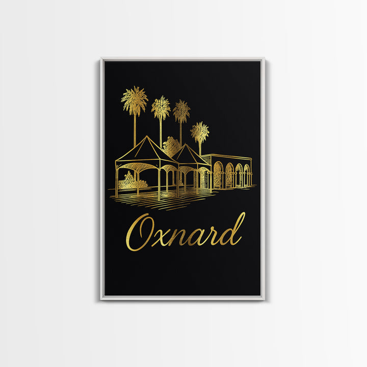 Oxnard California Travel Poster, Framed Canvas Print, Minimalist Gold Line Art, Oxnard Art Print, City Travel Prints, Eclectic Wall Decor