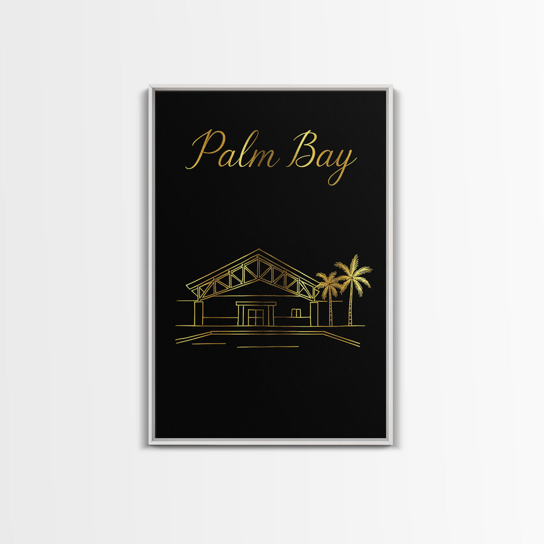 Palm Bay Florida Travel Poster, Canvas Print, Minimalist Gold Line Art, Palm Bay Travel Art, Wall Decor, City Illustration, Poster Print