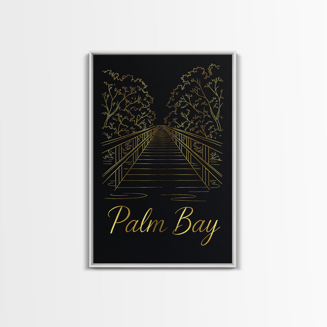 Palm Bay Travel Poster, Canvas Print, Black Gold Minimalist Art, Palm Bay Poster Print, Gift For Travelers, Living Room Wall Art