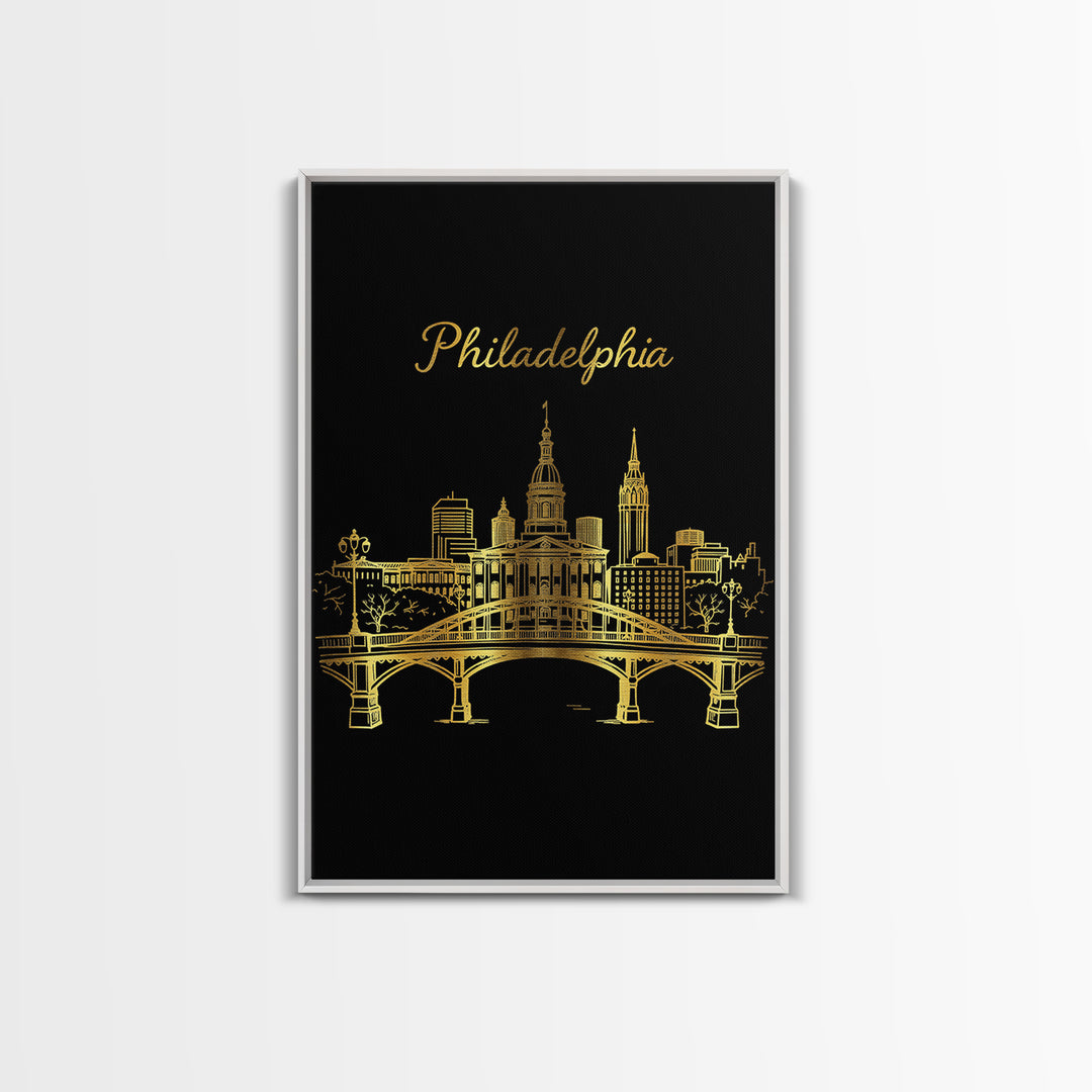 Philadelphia Pennsylvania Travel Poster, Canvas Print, Gold Outline Poster Art, Philadelphia Wall Art, Watercolor Skyline, City Illustration
