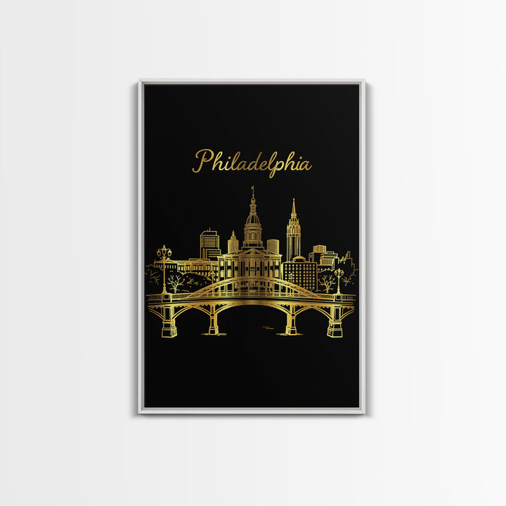 Philadelphia Pennsylvania Travel Poster, Canvas Print, Gold Outline Poster Art, Philadelphia Wall Art, Watercolor Skyline, City Illustration