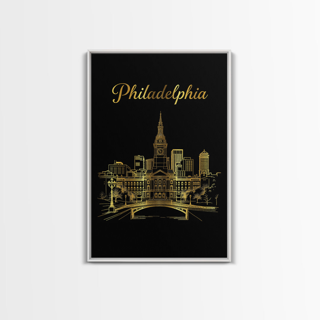 Philadelphia Travel Poster, Canvas Print, Gold Outline Poster Art, Philadelphia Poster Print, City Illustration, Home Office Decor