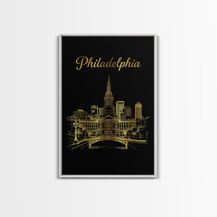 Philadelphia Travel Poster, Canvas Print, Gold Outline Poster Art, Philadelphia Poster Print, City Illustration, Home Office Decor