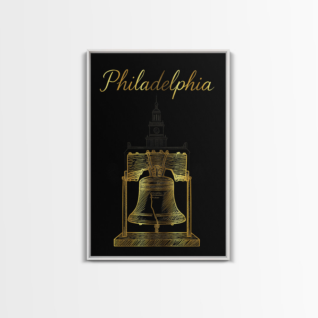 Philadelphia Travel Poster, Framed Canvas Print, Minimalist Gold Line Art, Philadelphia Travel Art, Living Room Wall Art, Home Office Decor