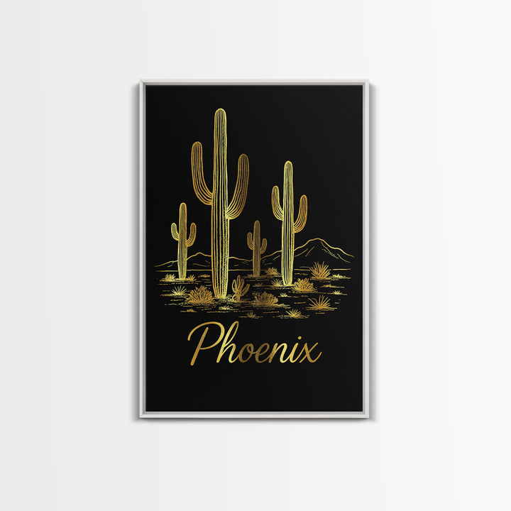 Phoenix Travel Poster, Framed Canvas Print, Gold Outline Poster Art, Phoenix Wall Art, Modern Wall Decor, City Illustration, Home Decor