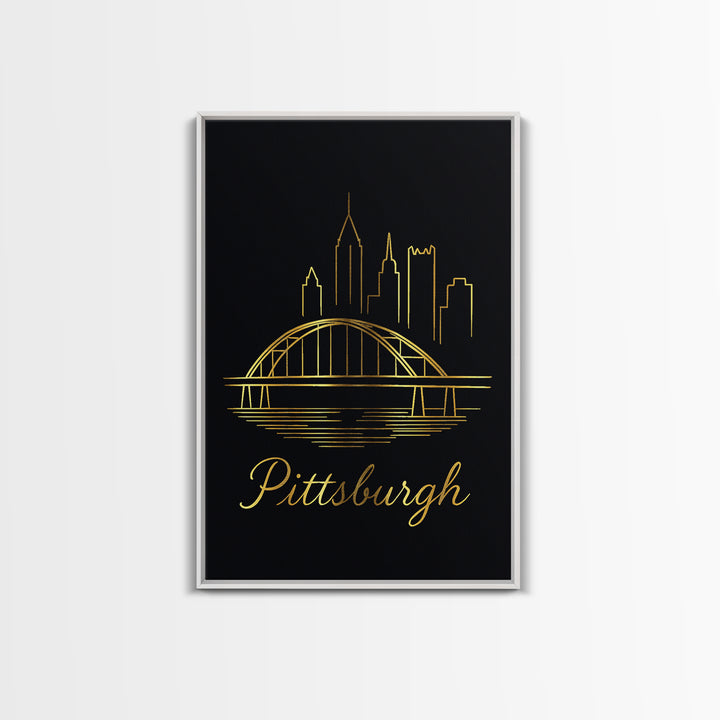 Pittsburgh Travel Poster, Canvas Print, Gold Outline Poster Art, Pittsburgh City Art, Vintage Travel Print, Living Room Wall Art