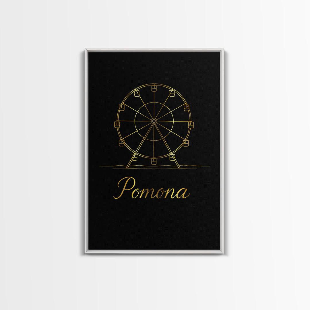 Pomona California Travel Poster, Framed Canvas Print, Black Gold Minimalist Art, Pomona Travel Art, Modern Wall Decor, Mid Century Wall Art
